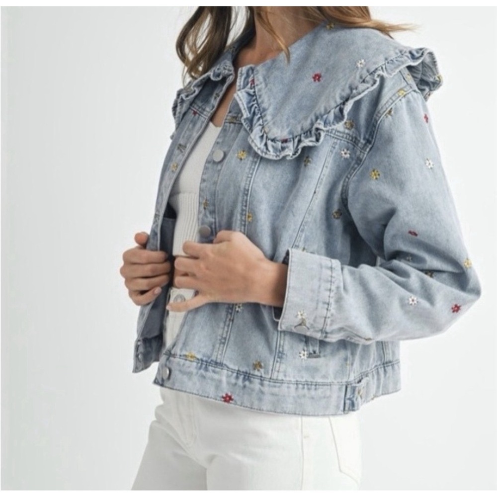 Cottagecore Denim Jacket Floral Embroidered Peter Pan Collar Coquette Fairycore - Picture 2 of 16